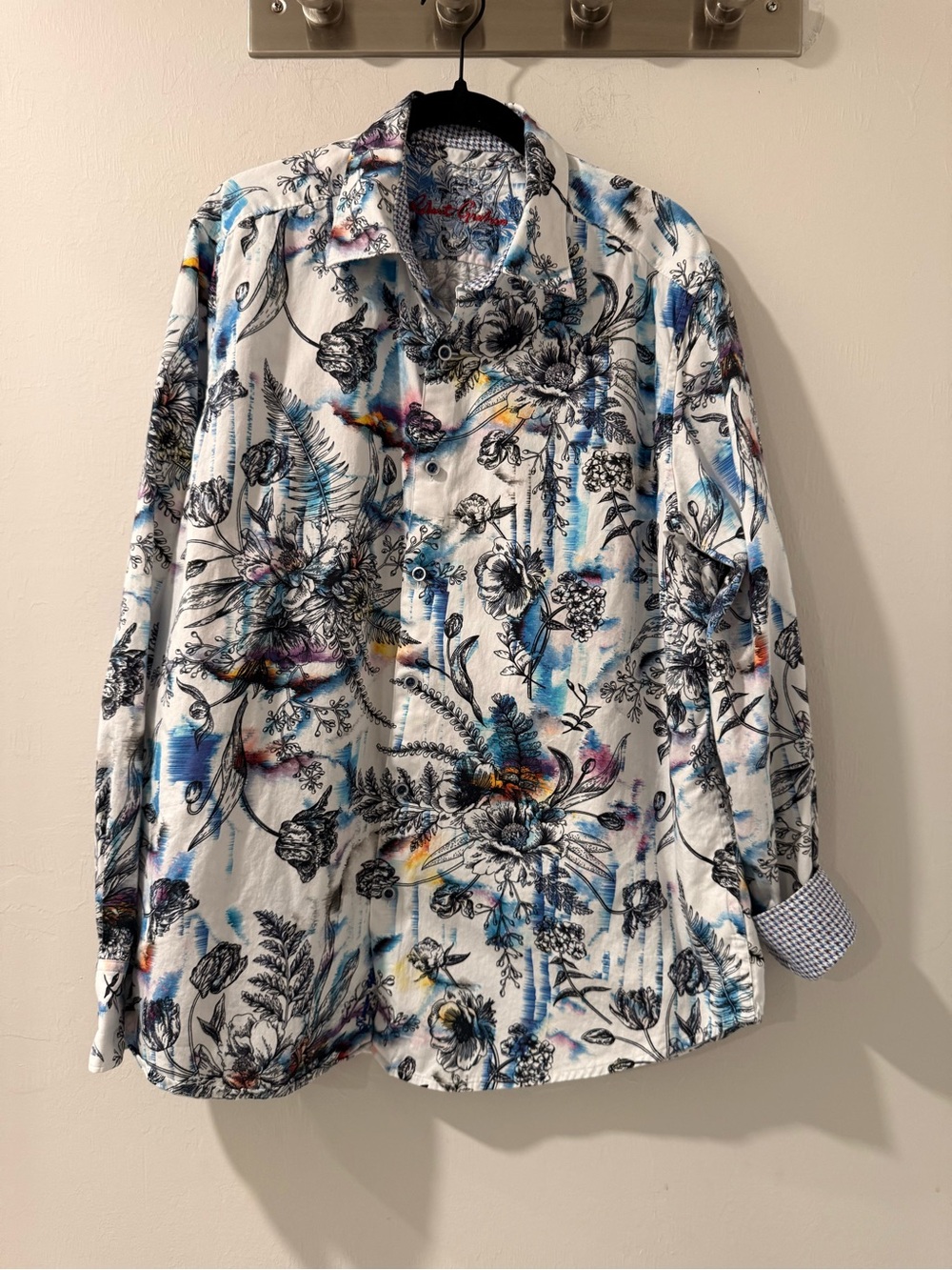 Robert Graham White Floral Button-Down Shirt with Blue and Yellow Accents Men’s
